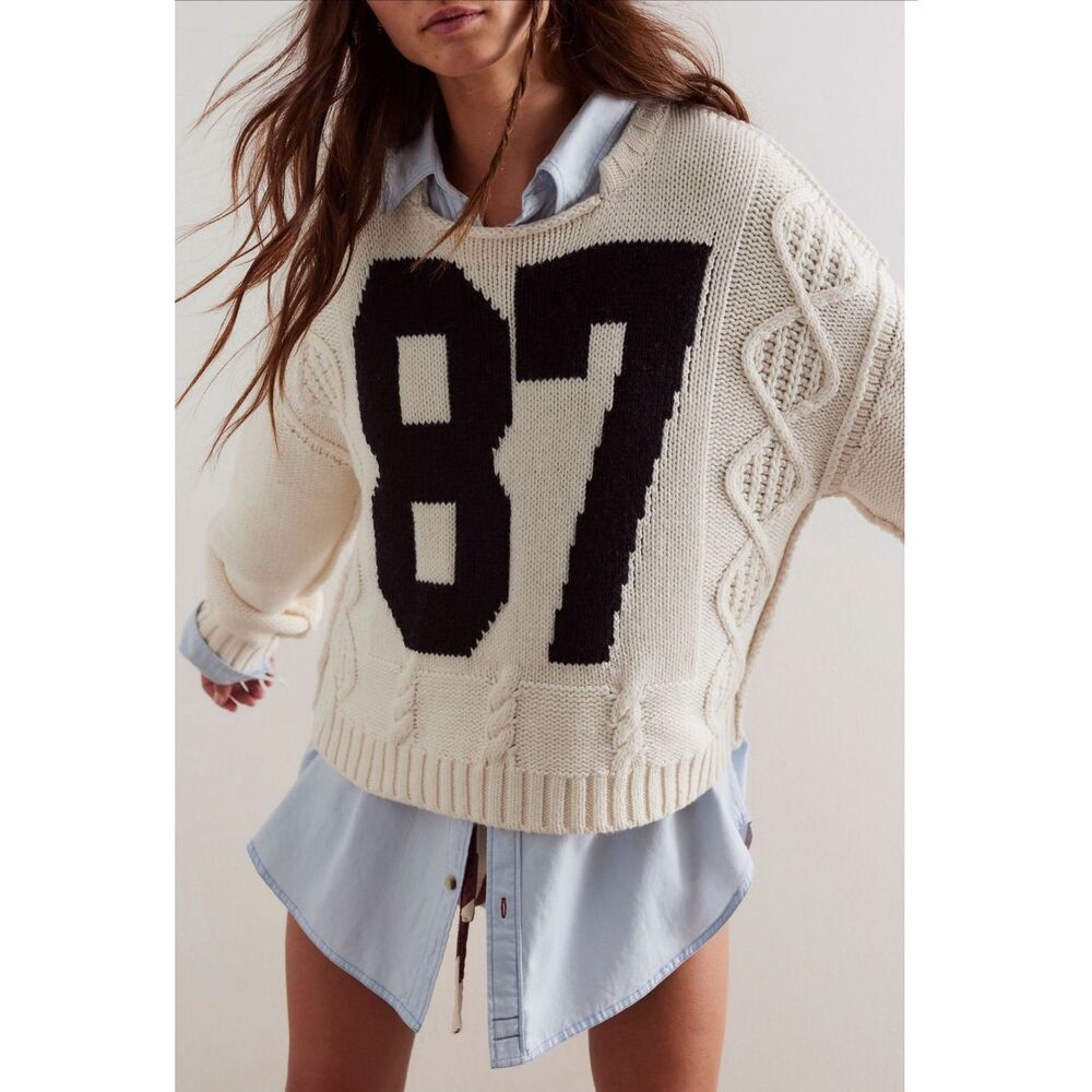 Free People Cream Cable Knit Sweater with Black '87 Intarsia
